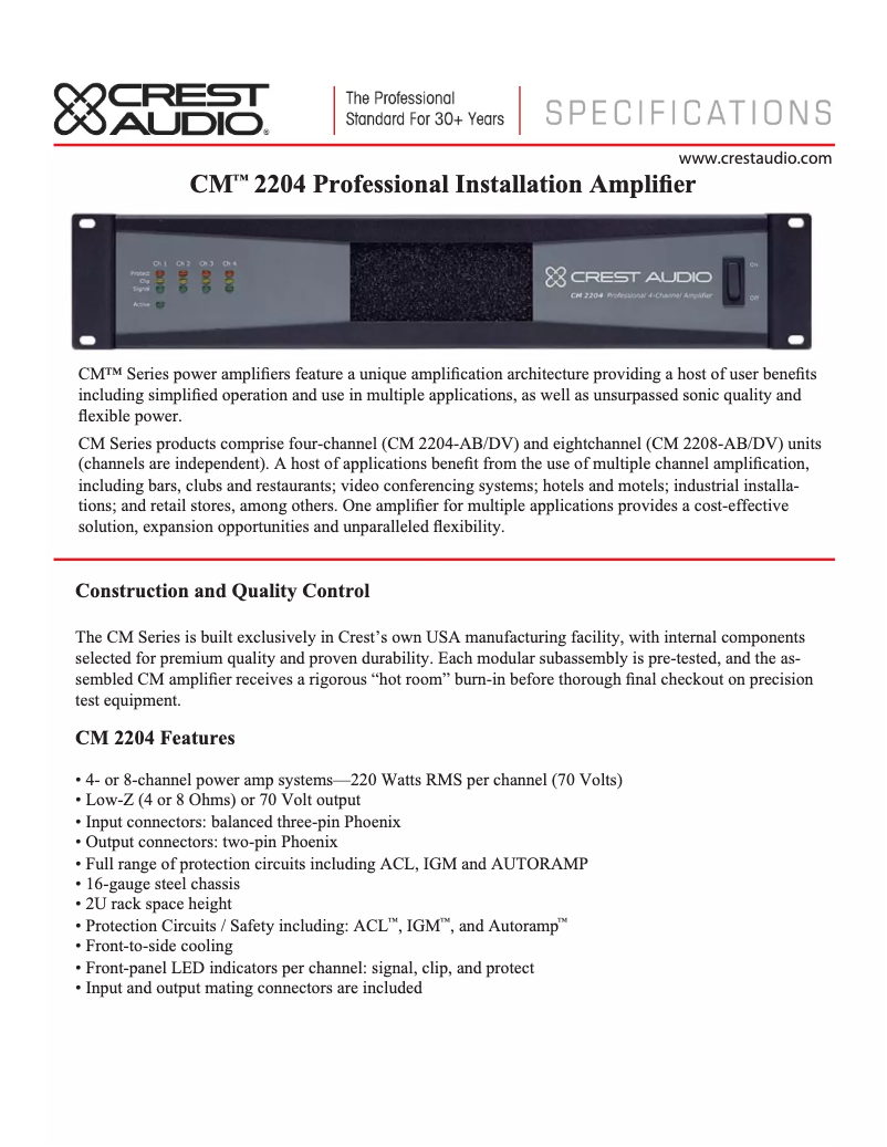 Page n°1 - Fiche technique Crest Audio CM 2204