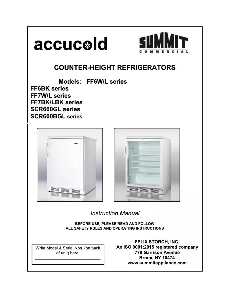 Page 1 de la notice Manuel utilisateur Accucold FF6LW