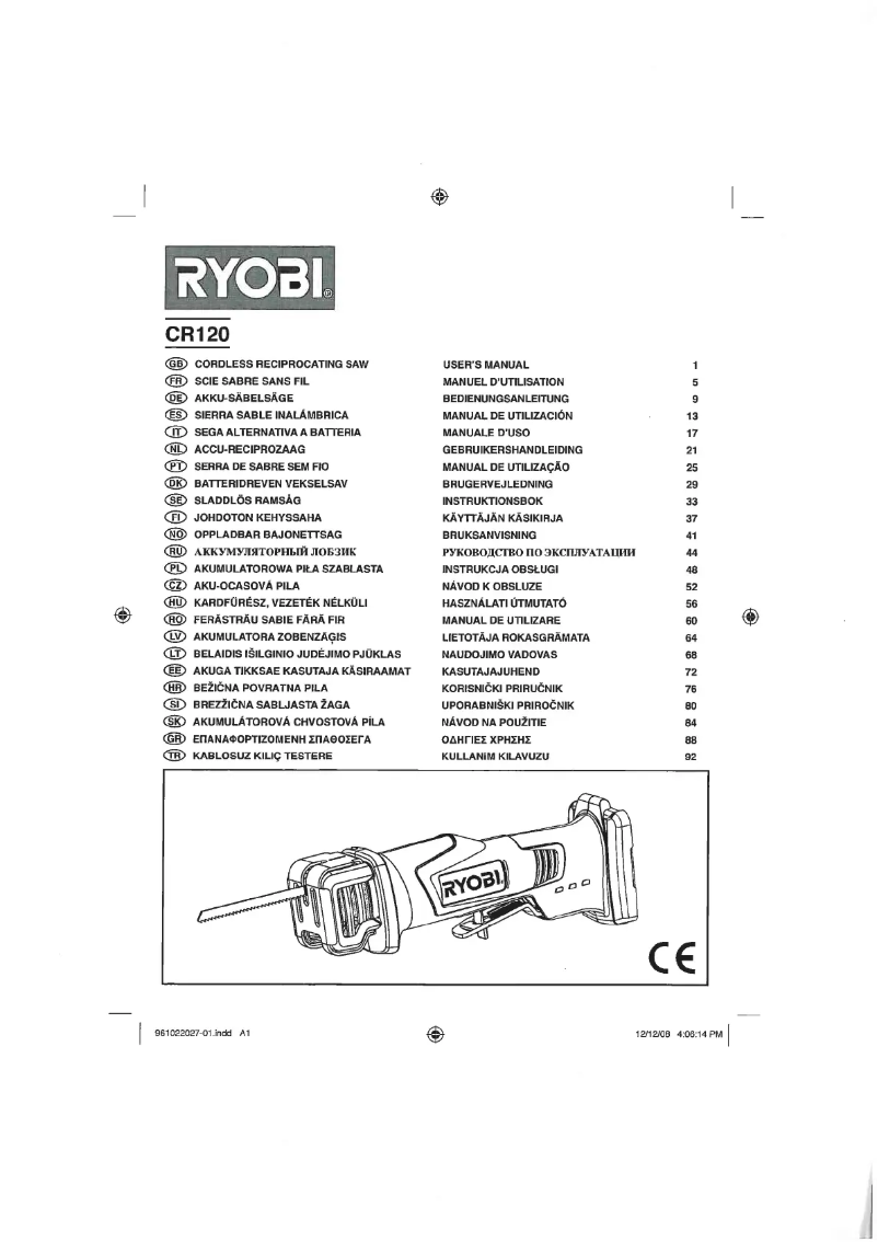 Page 1 de la notice Manuel utilisateur RYOBI CR120
