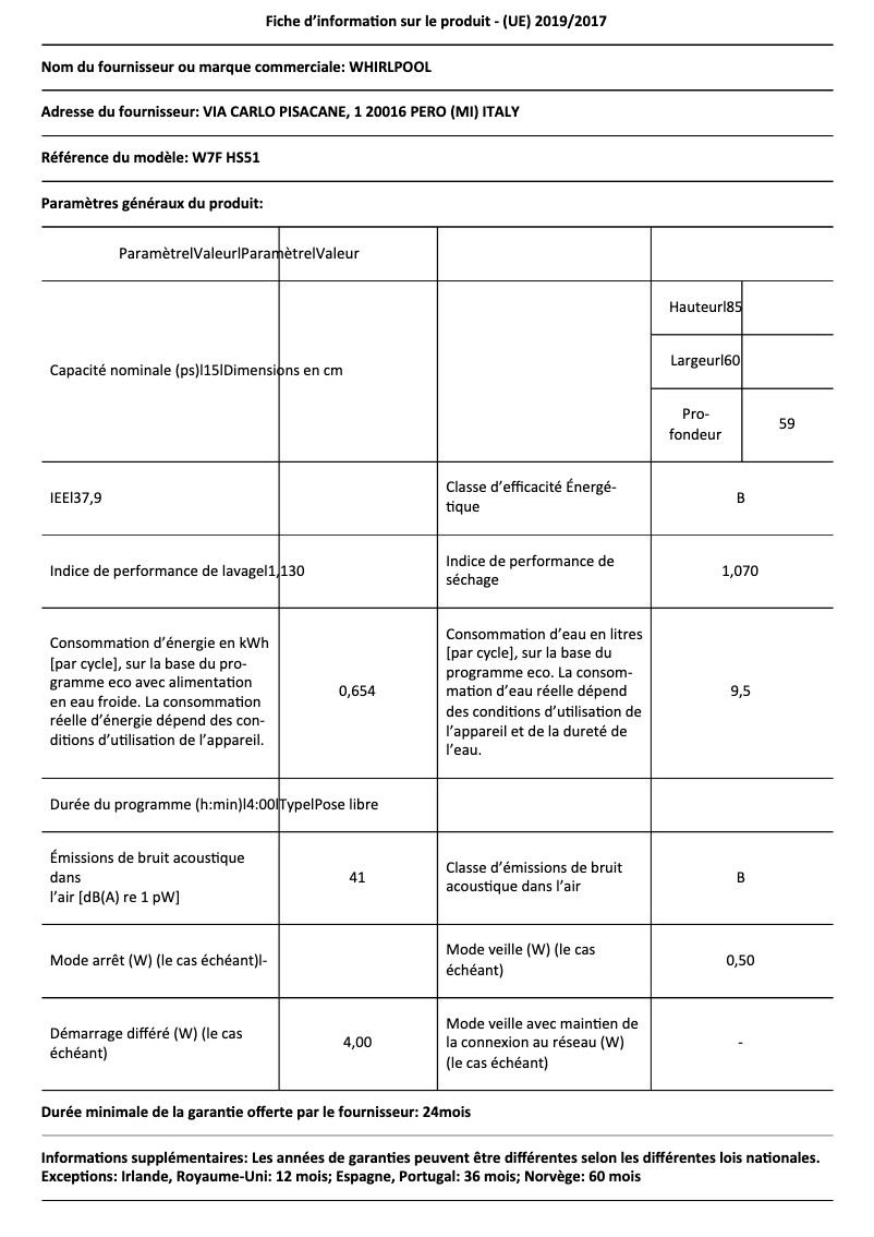 Page 1 de la notice Fiche technique Whirlpool W7F HS51