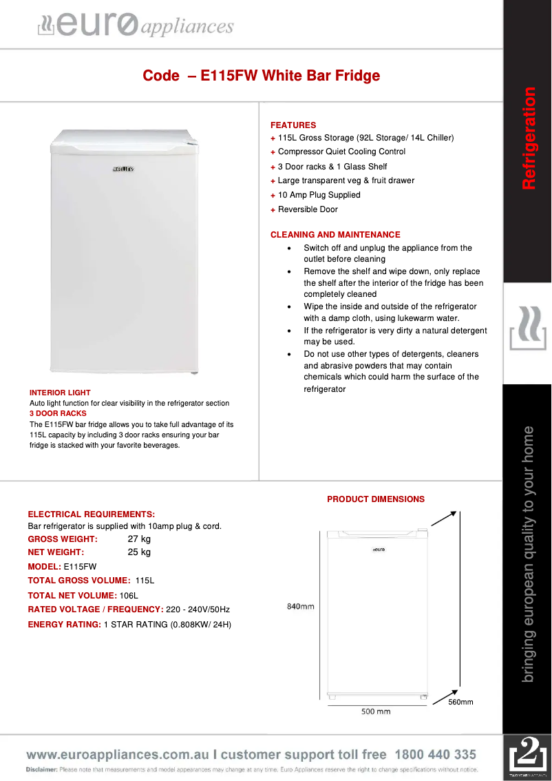 Page n°1 - Manuel utilisateur Euro Appliances E115FW