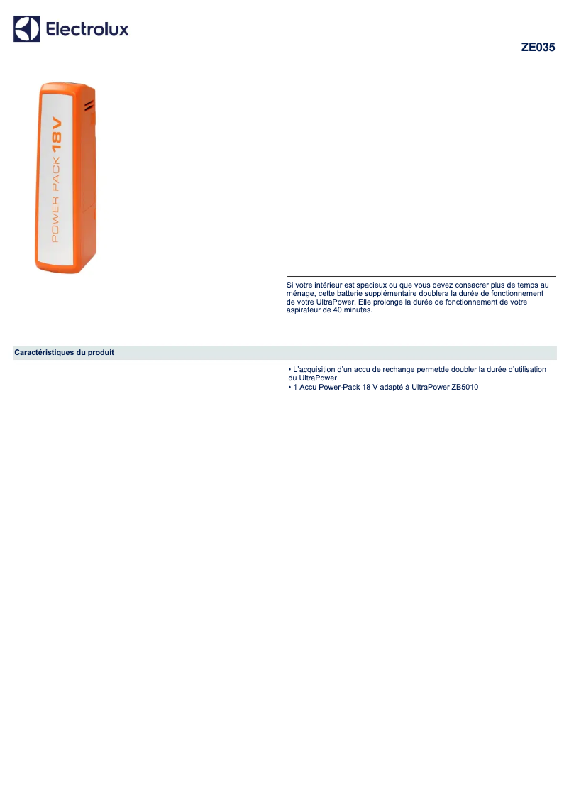 Página 1 del manual Ficha técnica Electrolux ZE035