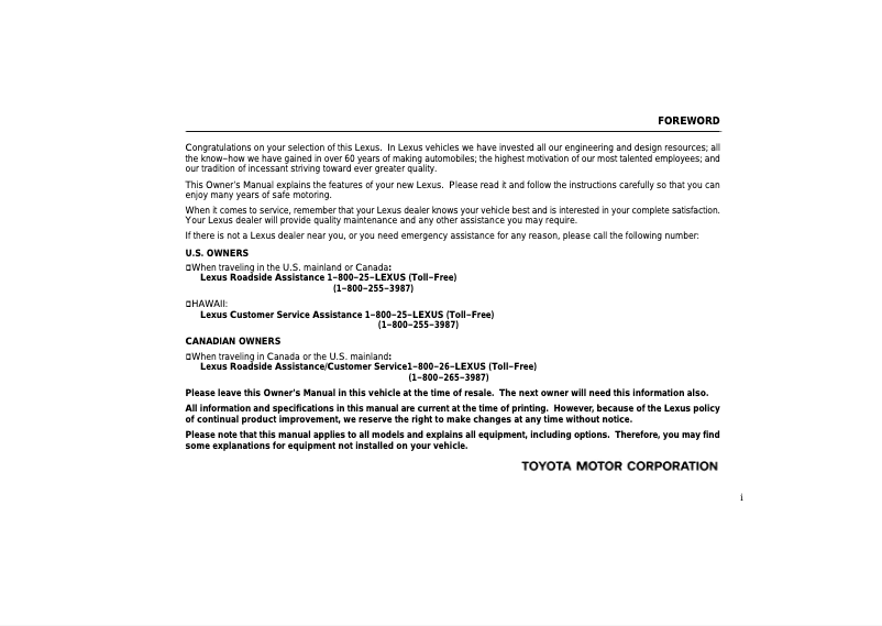 Page 1 de la notice Manuel utilisateur Lexus LX 470 (2002)