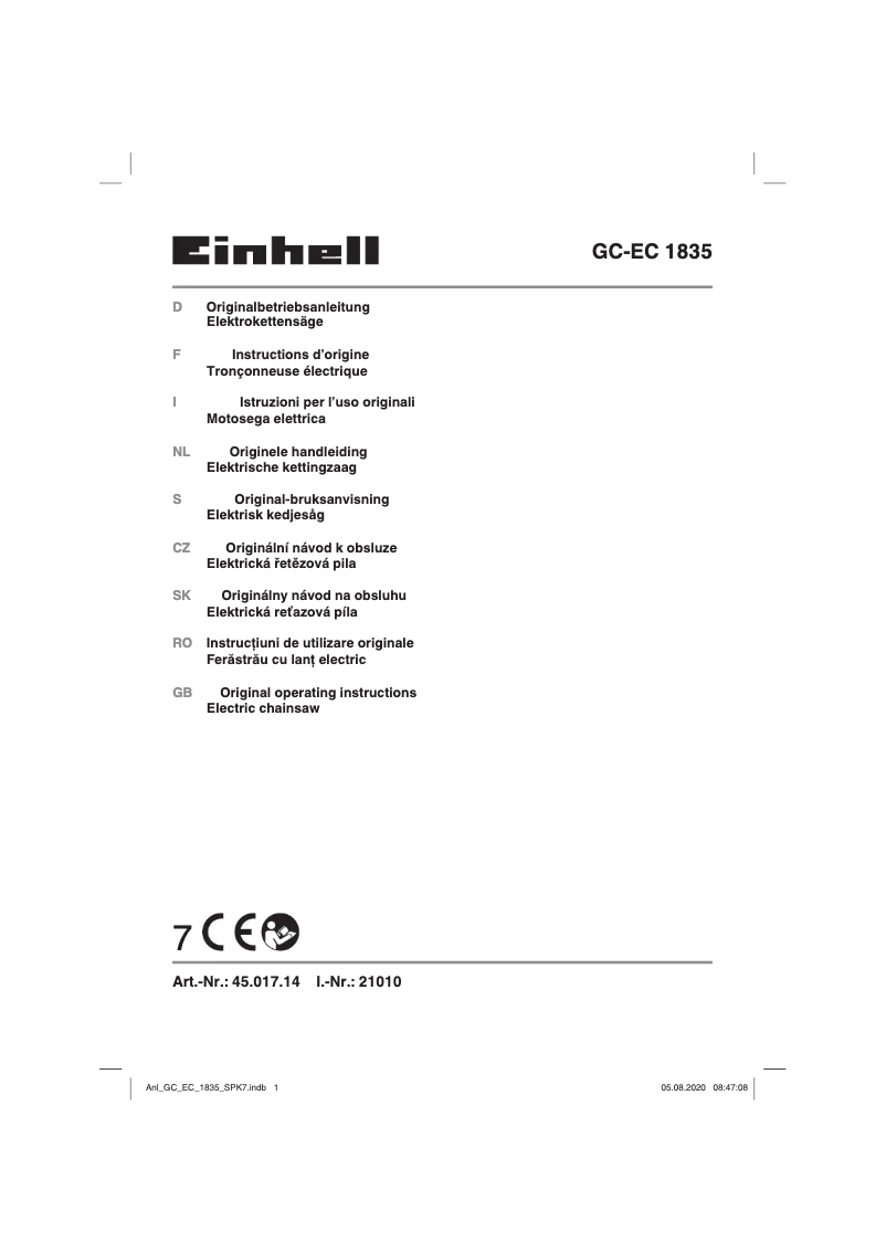 Page n°1 - Manuel utilisateur Einhell GC-EC 1835