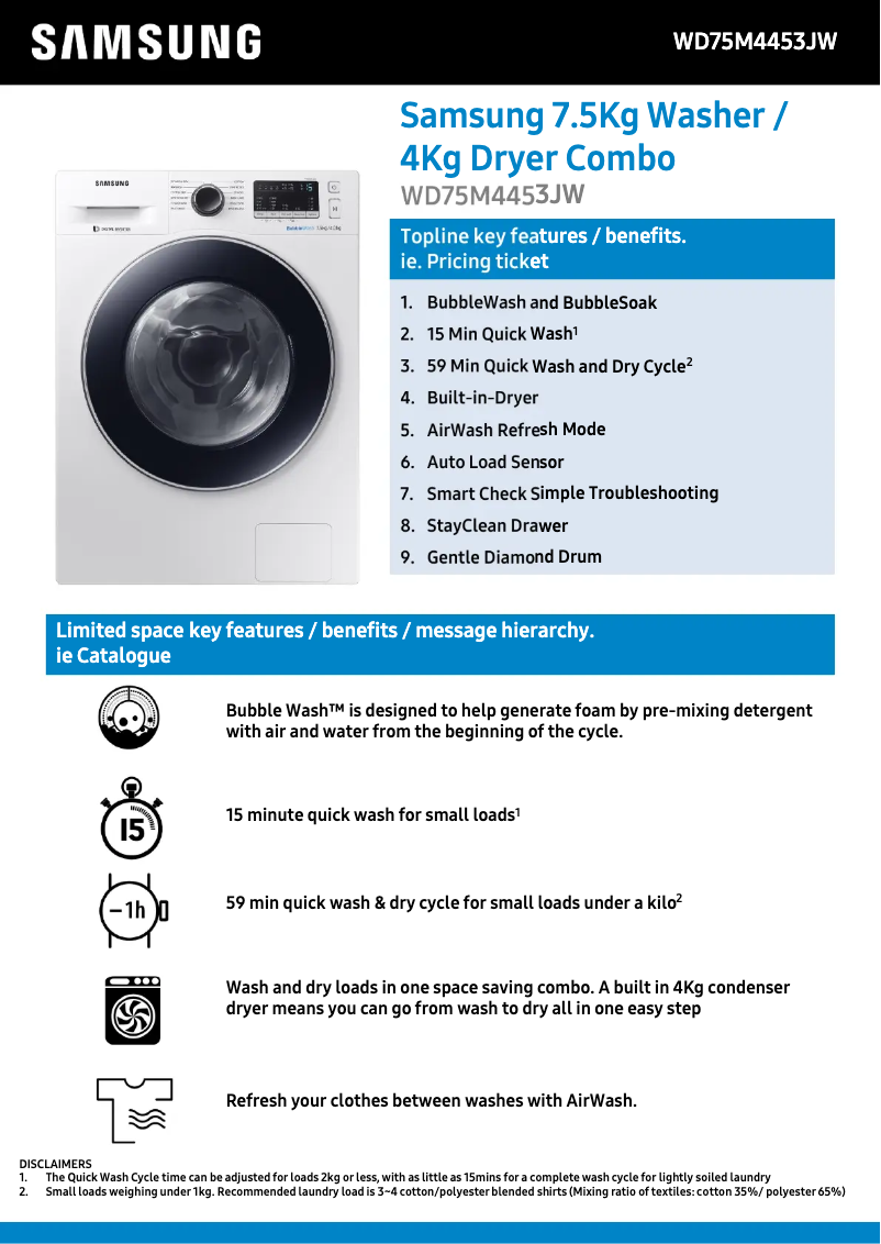 Page 1 de la notice Fiche technique Samsung WD75M4453JW