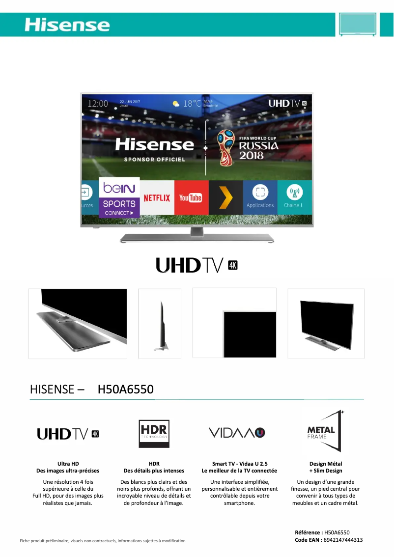 Page 1 de la notice Fiche technique Hisense H50A6550