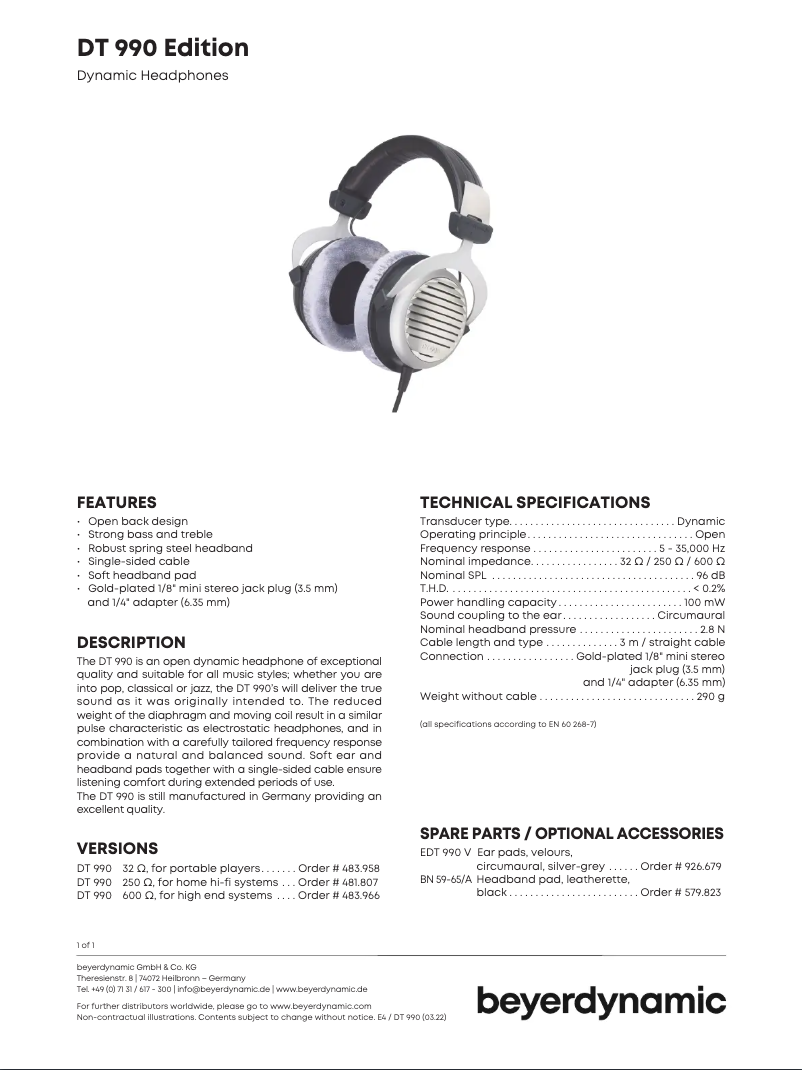 Page n°1 - Fiche technique Beyerdynamic DT 990 Edition