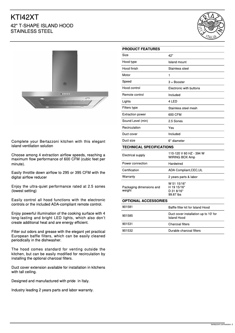 Page 1 de la notice Fiche technique Bertazzoni KTI42XT