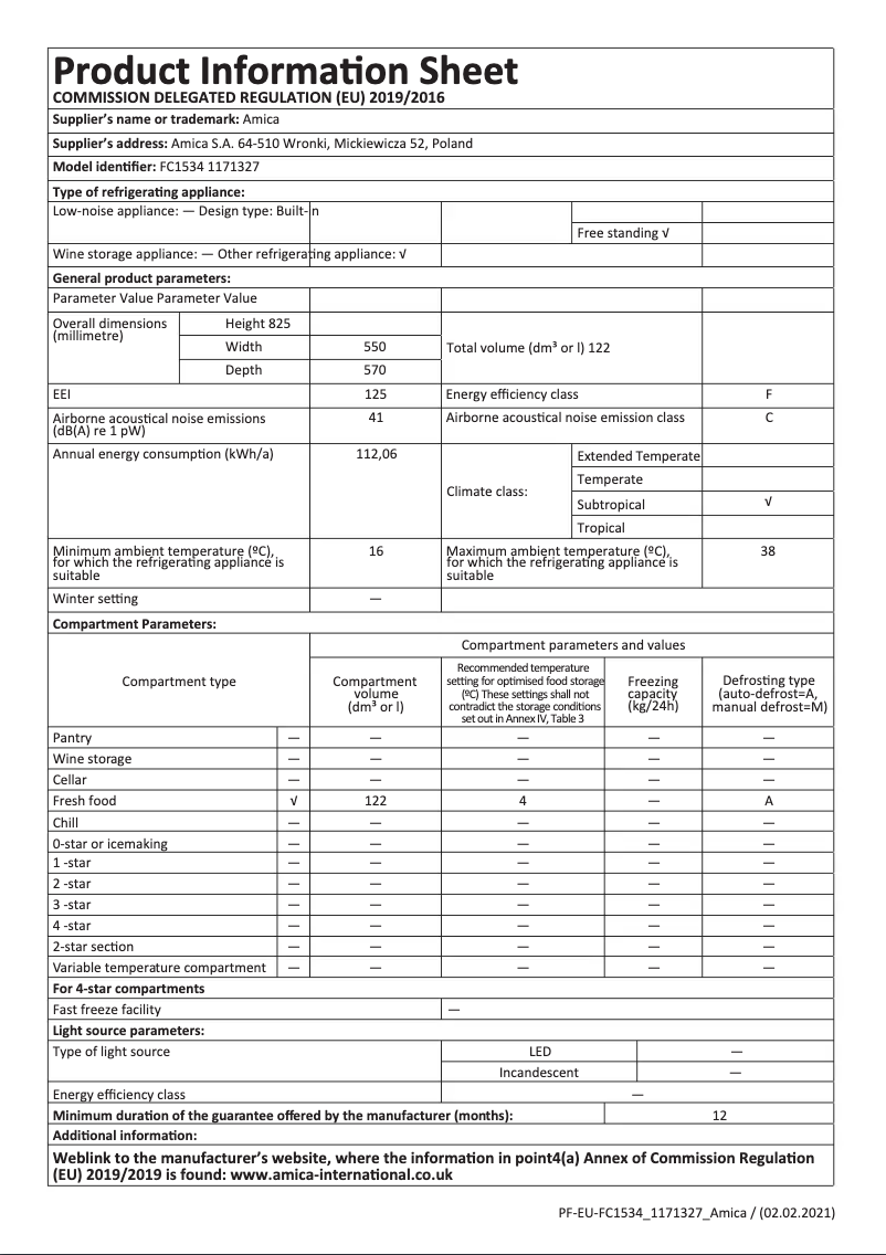 Page 1 de la notice Fiche technique Amica FC1534