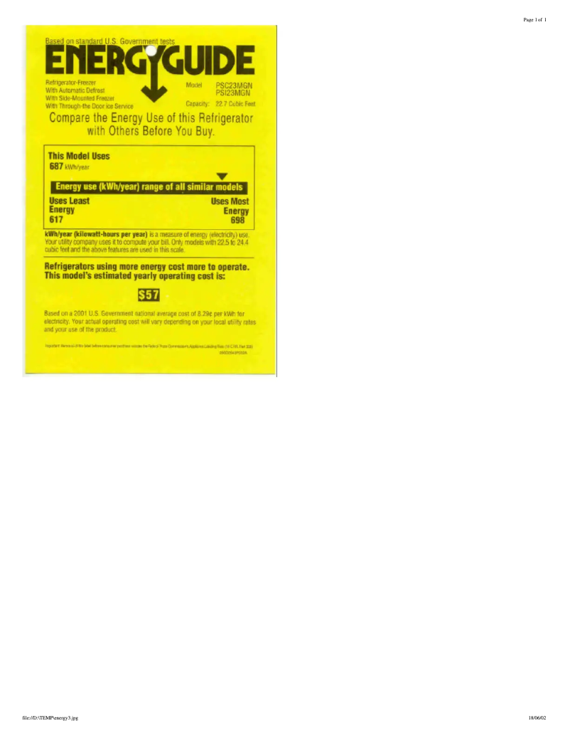 Page 1 de la notice Label énergétique GE PSI23MGNCC