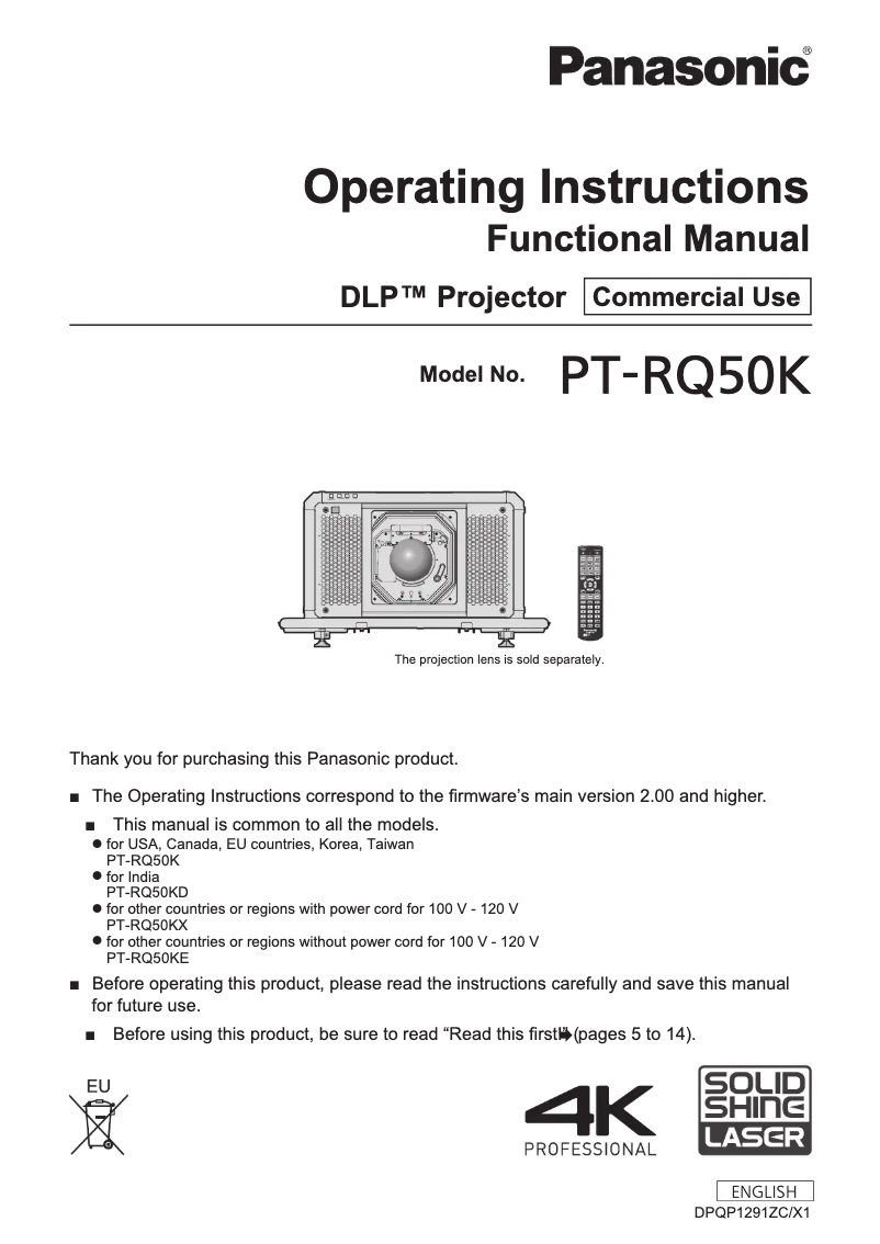 Page n°1 - Manuel utilisateur Panasonic PT-RQ50K