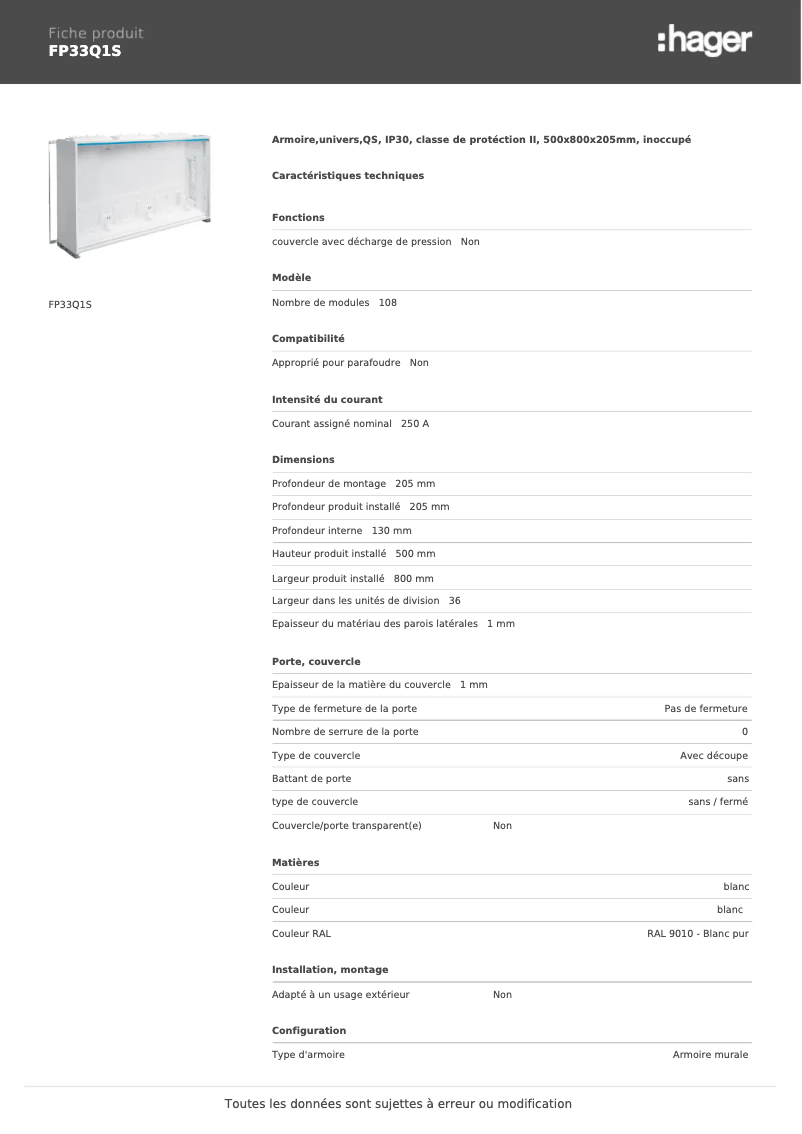 Page 1 de la notice Manuel utilisateur Hager FP33Q1S