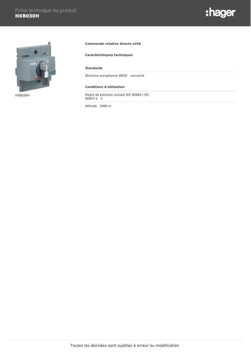 Page n°1 - Fiche technique Hager HXB030H