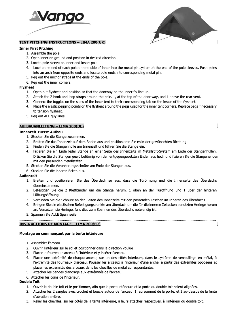 Page 1 de la notice Manuel utilisateur Vango Lima 200