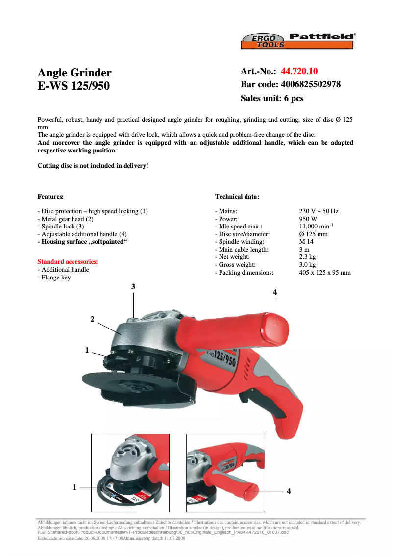 Page n°1 - Fiche technique Ergotools Pattfield E-WS 125/950