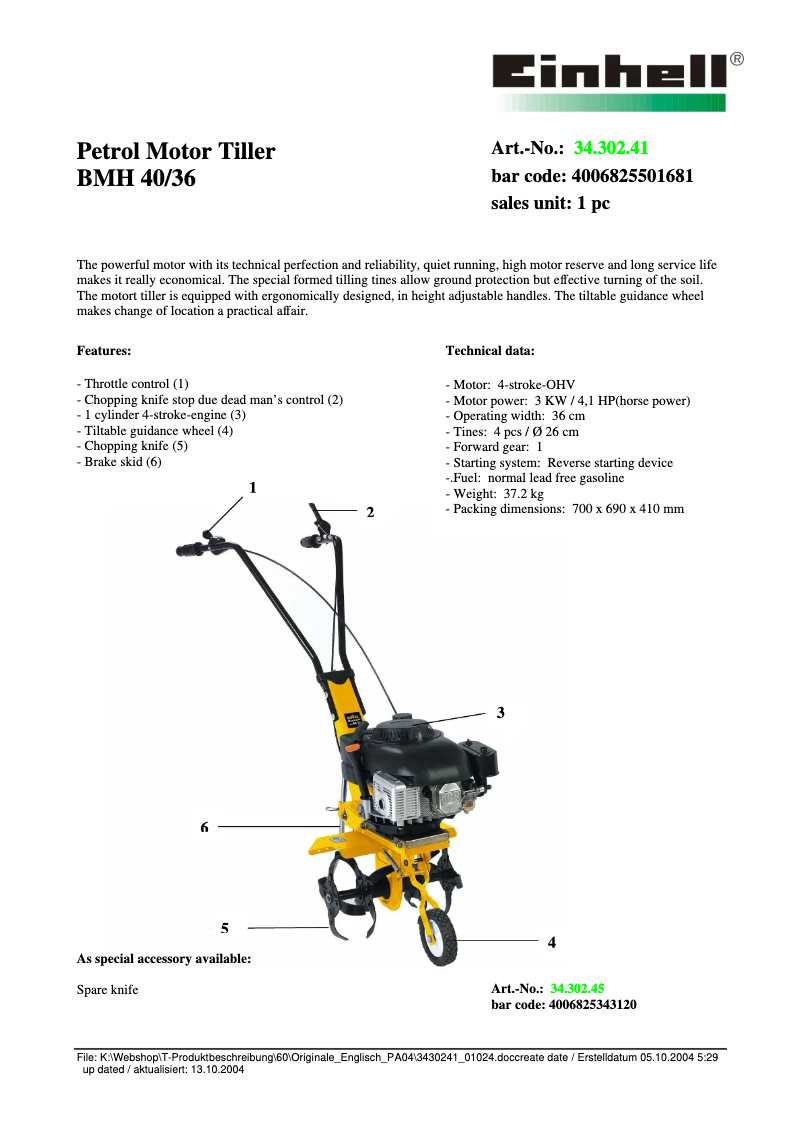 Page 1 of the manual Technical Sheet Einhell BMH 40/36