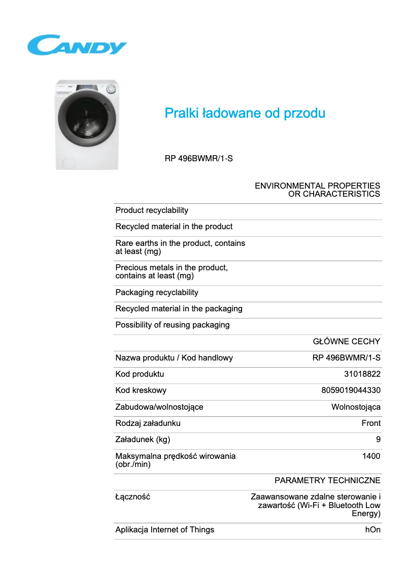 Page 1 de la notice Fiche technique Candy RP 496BWMR/1-S