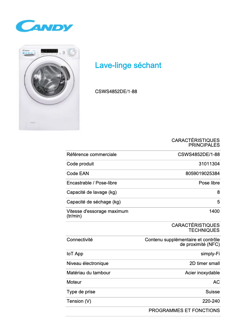 Page 1 de la notice Fiche technique Candy CSWS4852DE/1-88