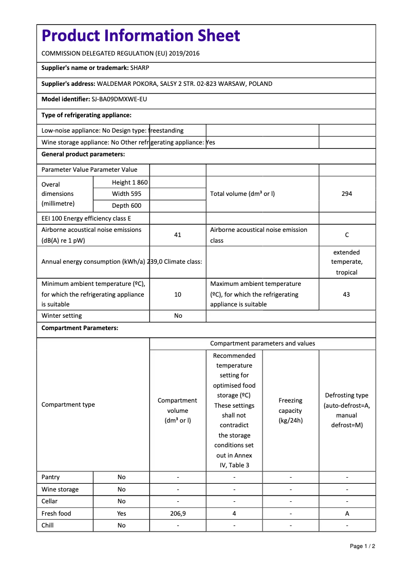 Page n°1 - Manuel utilisateur Sharp SJ-BA09DMXWE-EU