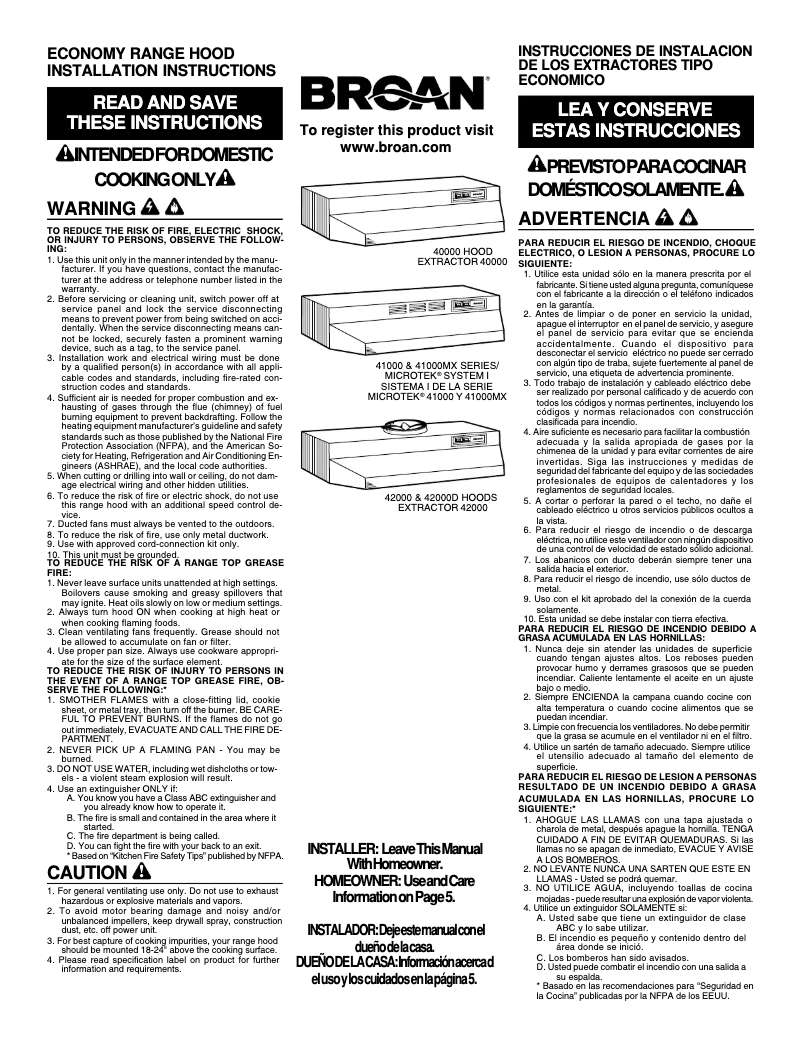 Page n°1 - Fiche technique Broan 423004