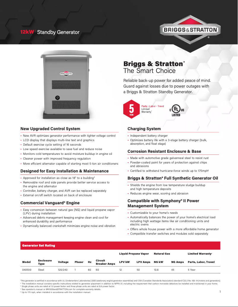 Page 1 de la notice Fiche technique Briggs & Stratton 12kW Standby Generator