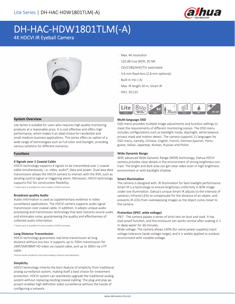 Page 1 de la notice Fiche technique Dahua Technology HAC-HDW1801TLM-A