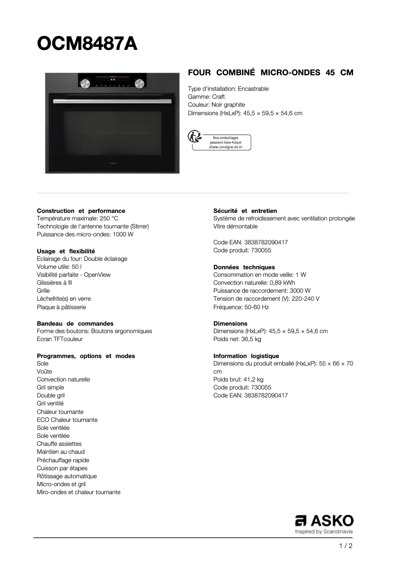 Page n°1 - Fiche technique Asko OCM8487A