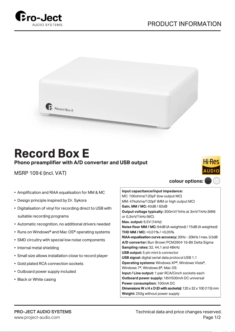 Page n°1 - Fiche technique Pro-Ject Record Box E