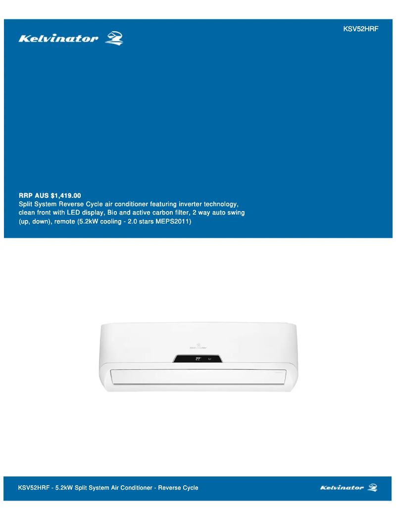Page n°1 - Fiche technique Kelvinator KSV52HRF