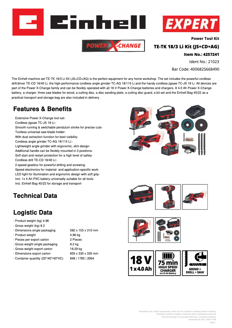 Page 1 de la notice Fiche technique Einhell TE-TK 18/3 Li