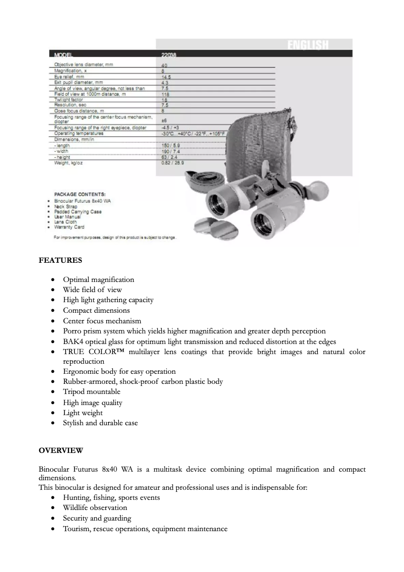 Page 1 de la notice Manuel utilisateur Yukon Futurus 8x40WA