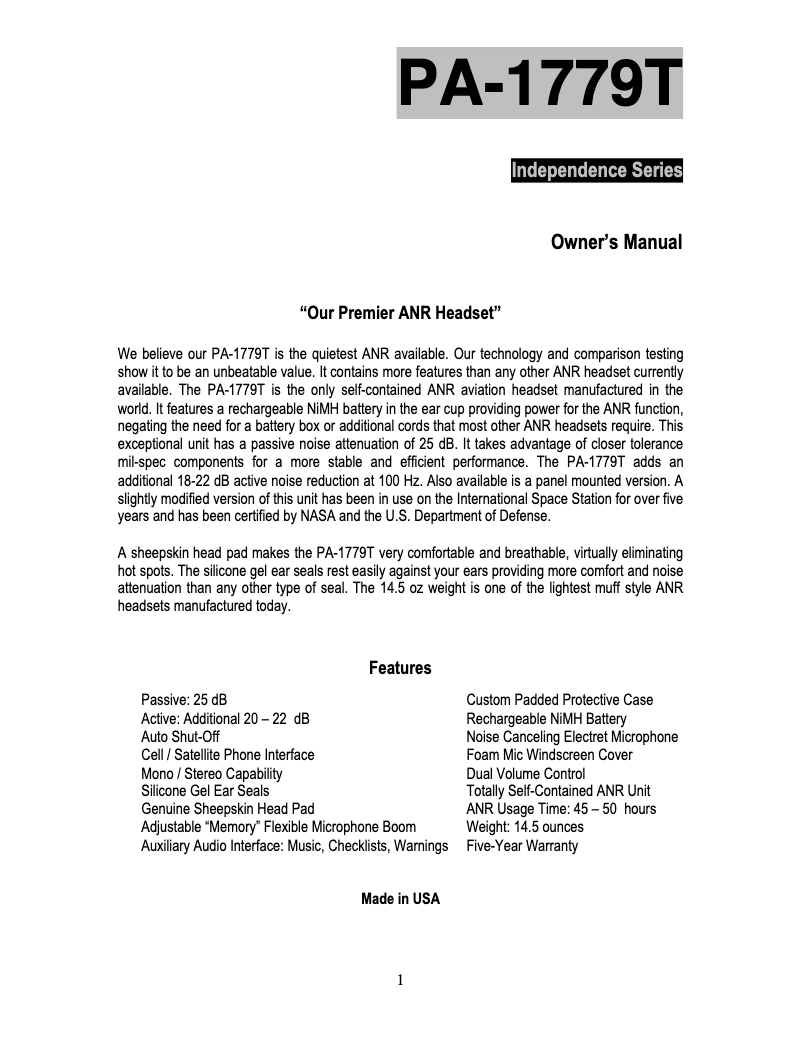 Page n°1 - Manuel utilisateur Pilot PA-1779M