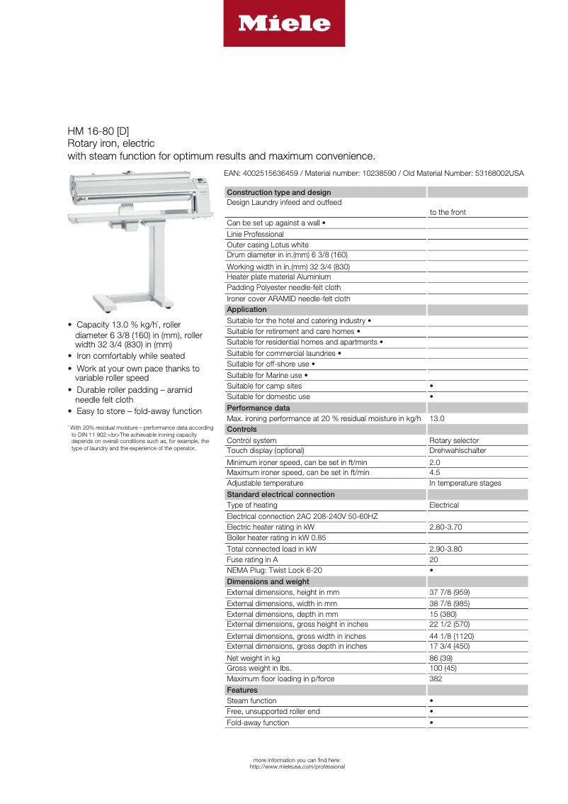 Page 1 de la notice Fiche technique Miele HM 16-80