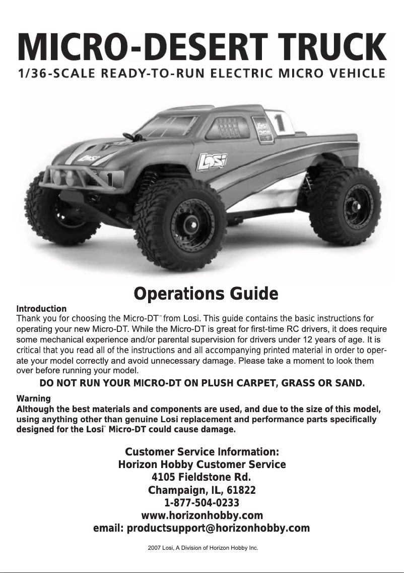 Page 1 de la notice Manuel utilisateur Losi 1/36 Micro-Desert Truck RTR