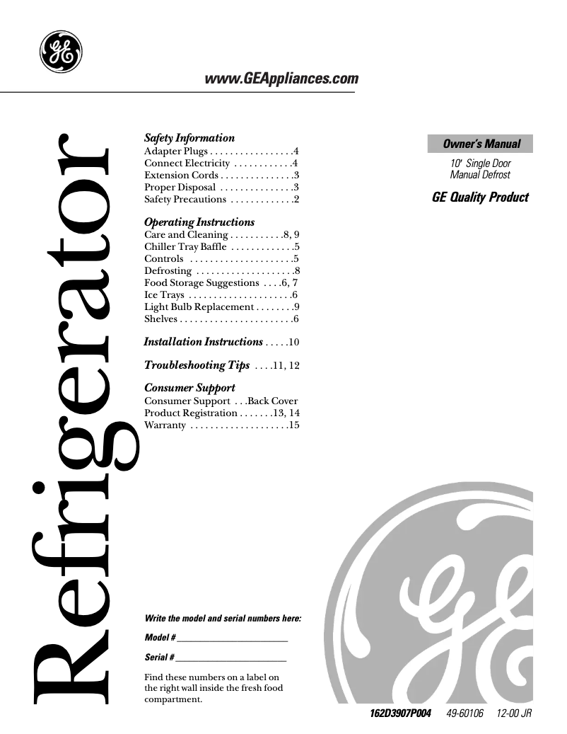 Page n°1 - Manuel d'utilisation et d'entretien GE TAX10SNXLWH