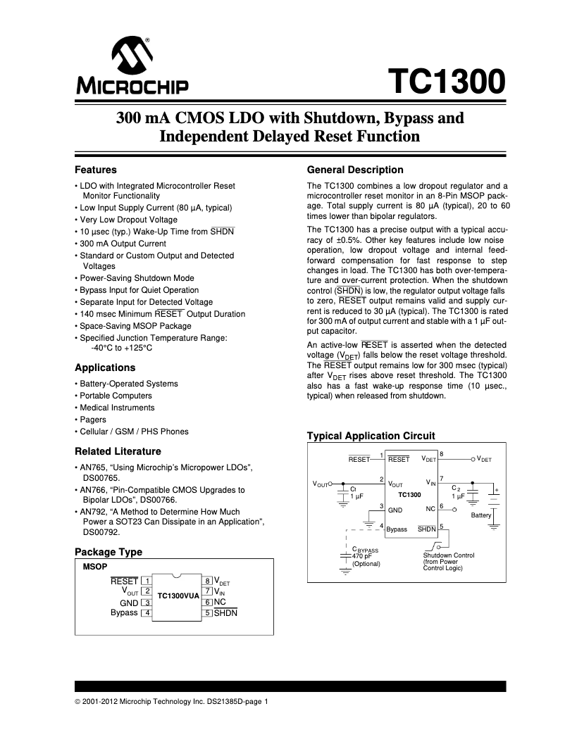 Page 1 de la notice Fiche technique Microchip TC1300