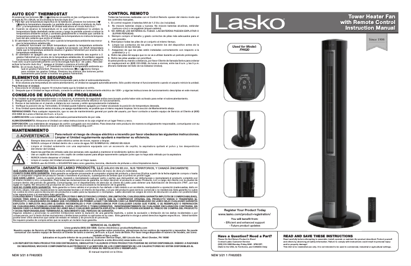 Page 1 de la notice Manuel utilisateur Lasko FH620