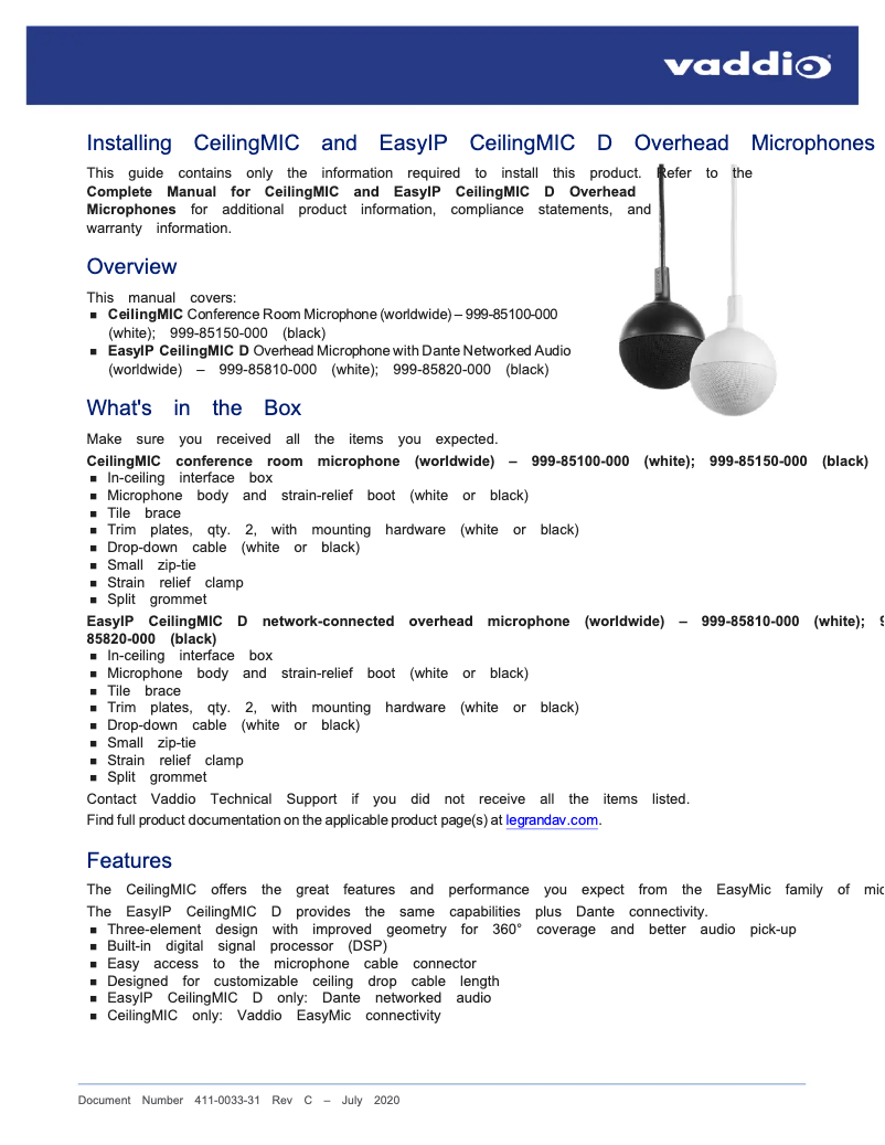 Página 1 del manual Manual de usuario Vaddio EasyIP CeilingMIC D
