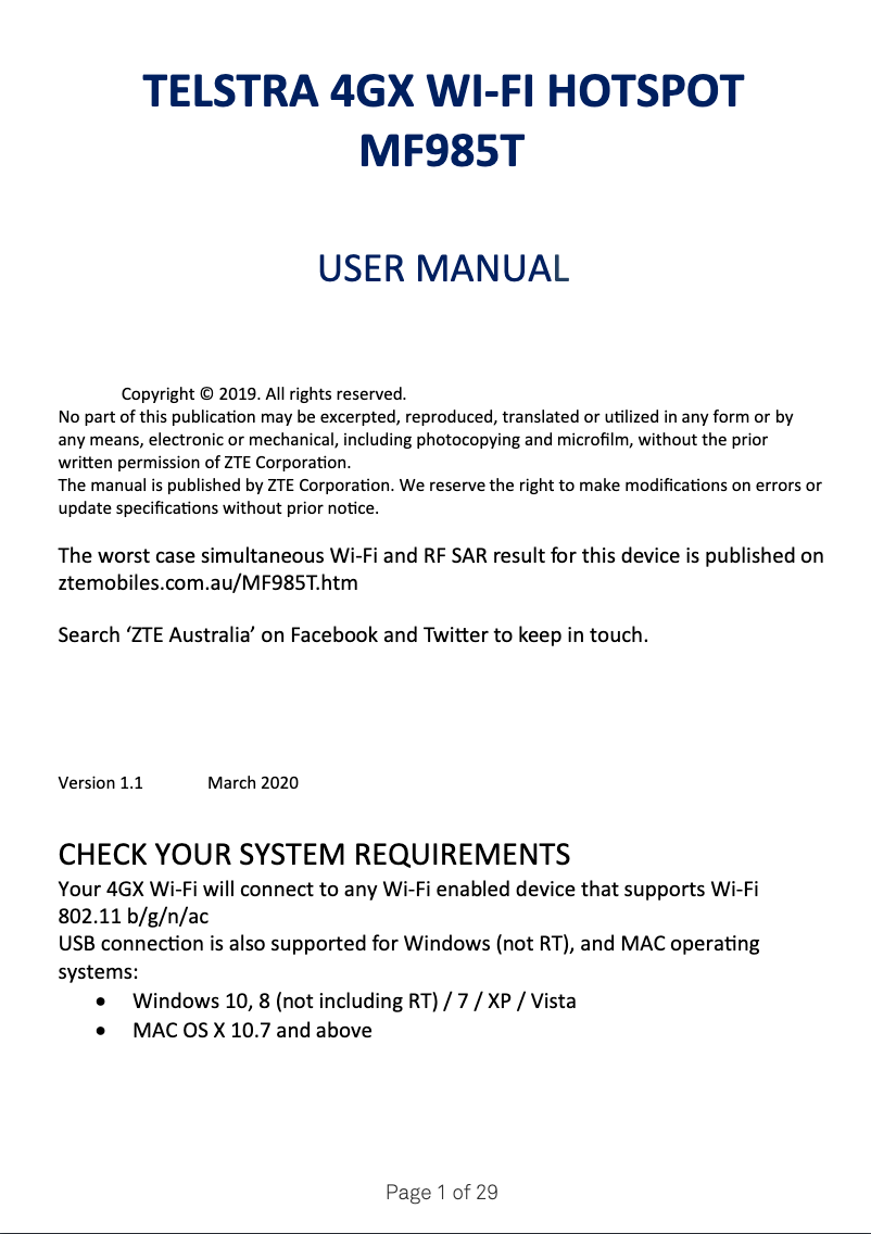 Page 1 de la notice Manuel utilisateur Telstra MF985T
