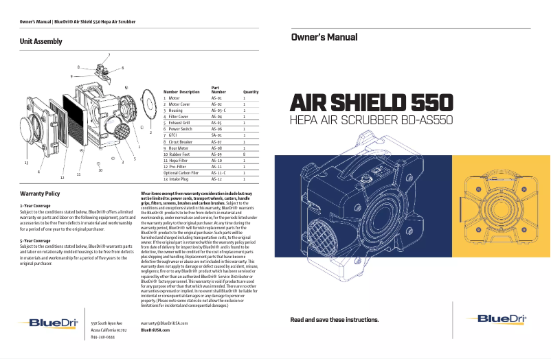 Page 1 de la notice Manuel utilisateur BlueDri AIR SHIELD 550