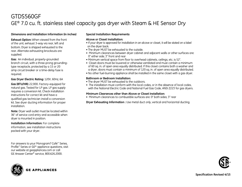 Page 1 de la notice Fiche technique GE GTDS560GFWS