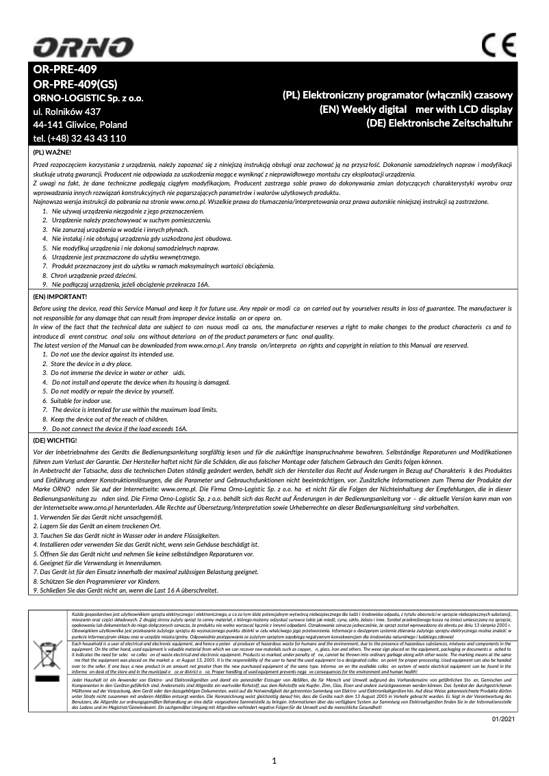 Image de la première page du manuel de l'appareil OR-PRE-409