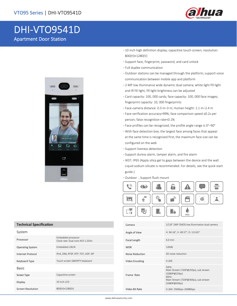 Page 1 de la notice Fiche technique Dahua Technology VTO9541D-S2
