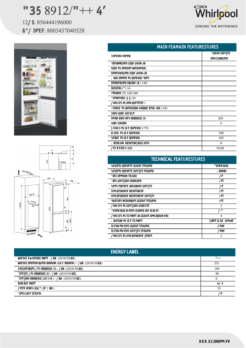 Page 1 de la notice Fiche technique Whirlpool ART 8912/A++ SF