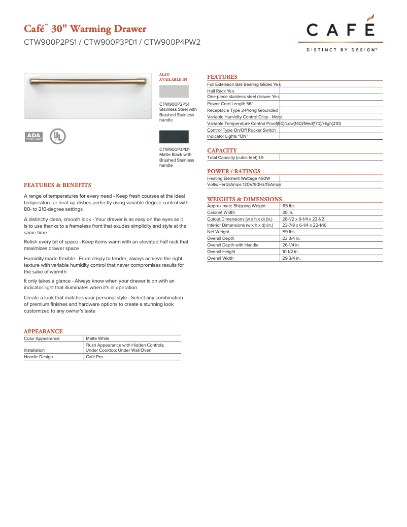 Page 1 de la notice Fiche technique GE Café CTW900P2PS1