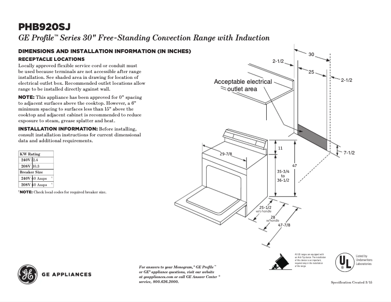 Page n°1 - Fiche technique GE Profile PHB920SJSS