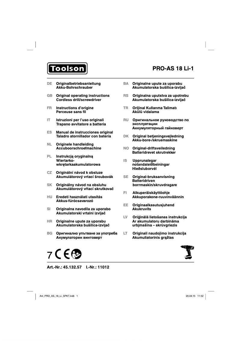 Page 1 de la notice Manuel utilisateur Toolson PRO-AS 18 Li-1