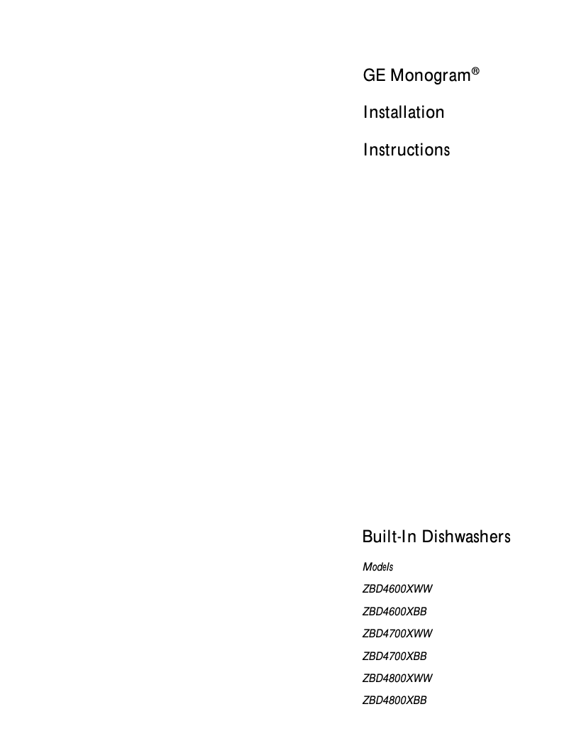 Page 1 de la notice Guide d'installation GE ZBD4800XWW