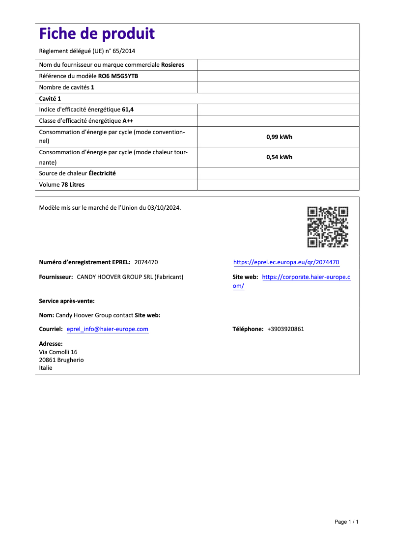 Page n°1 - Fiche technique Rosieres RO6 M5G5YTB