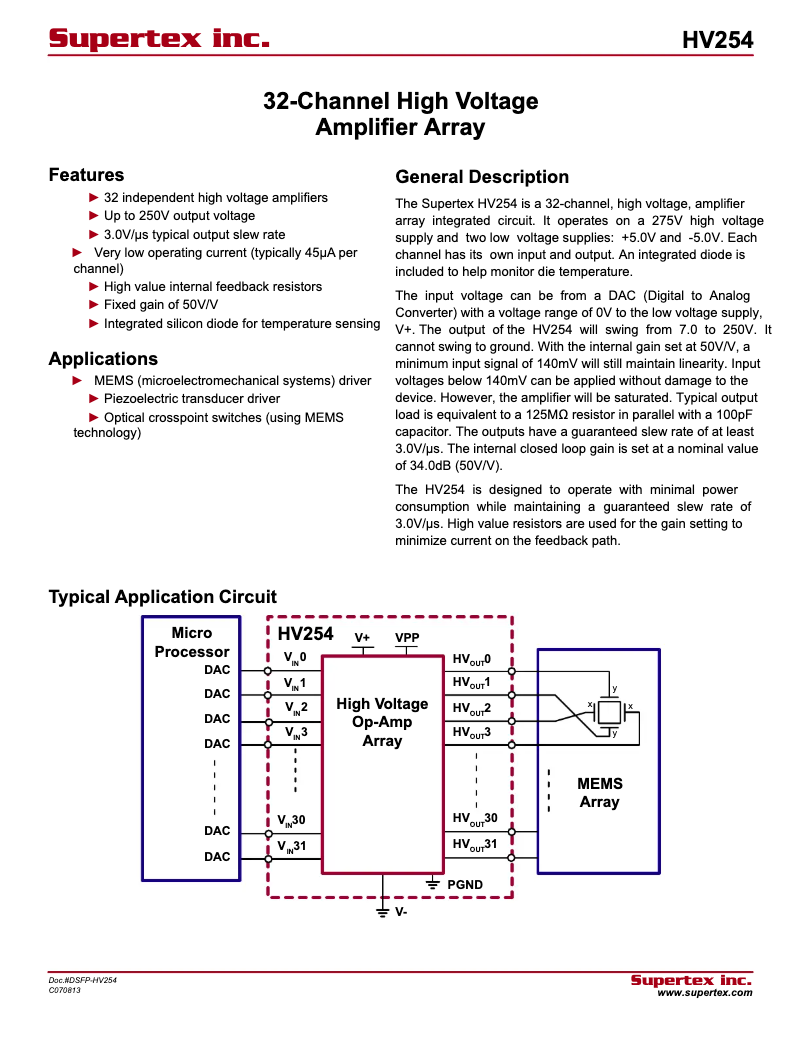 Page 1 de la notice Fiche technique Microchip HV254